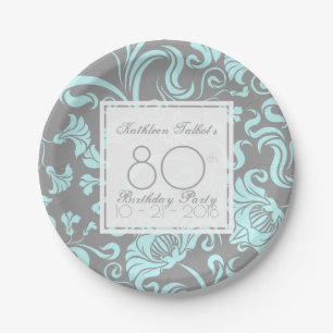 Assiettes En Carton Plaque à papier Blue Grey Floral 80th Birthday Pa