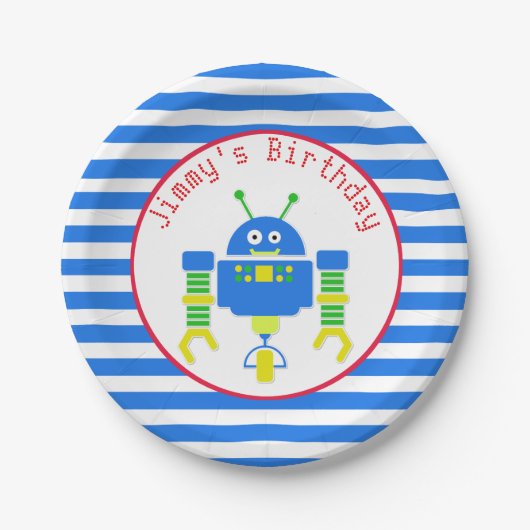 Assiettes En Carton Plaque à papier d'anniversaire bleu de robot (Devant)
