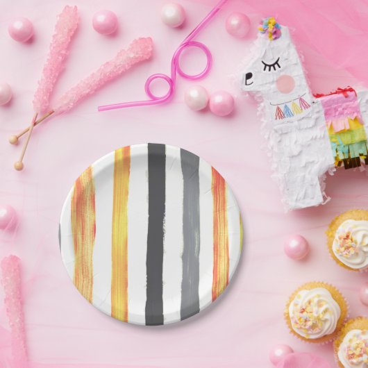 Assiettes En Carton Plaque à rayures orange jaune et noir Aquarelle (Fête)