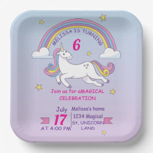 Assiettes En Carton Plaque Carré d'anniversaire Unicorn personnalisée