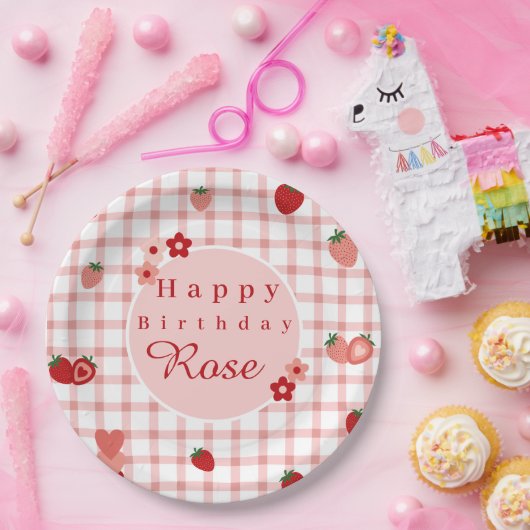 Assiettes En Carton Plaque d'anniversaire rose et rouge fraise (Fête)