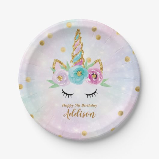 Assiettes En Carton Plaque d'anniversaire Unicorne (Devant)