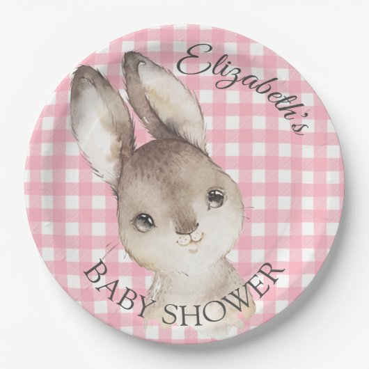 Assiettes En Carton Plaque de Baby shower de Lapin En vichy Lapin Rose (Devant)