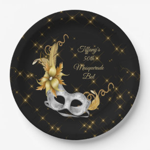 Assiettes En Carton Plaque de bal Mascarade, Plaque d'anniversaire, Or
