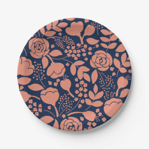 Assiettes En Carton Plaque de papier à motif floral bleu marine et cor