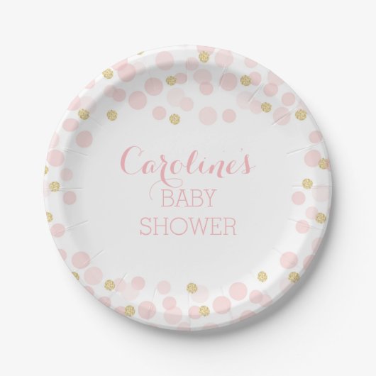 Assiettes En Carton Plaque de papier Baby shower avec points d'or rose (Devant)