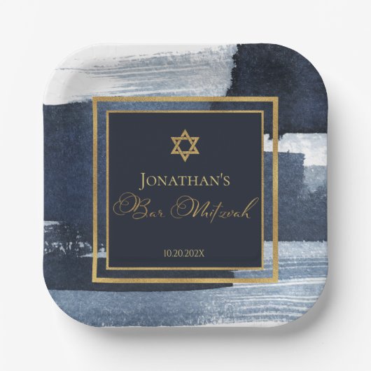 Assiettes En Carton Plaque de papier Bar Mitzvah | Aquarelle bleu Abst (Recto)