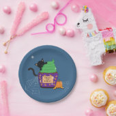 Assiettes En Carton Plaque de papier bleu Halloween Chat noir (Fête)