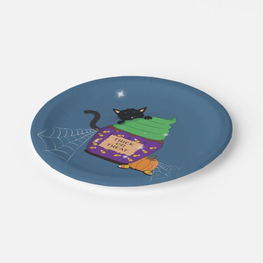 Assiettes En Carton Plaque de papier bleu Halloween Chat noir (Angle)
