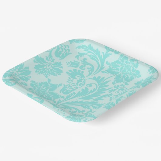 Assiettes En Carton Plaque de papier damassé turquoise (Angulaire)