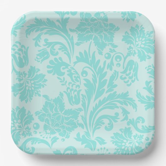 Assiettes En Carton Plaque de papier damassé turquoise (Recto)
