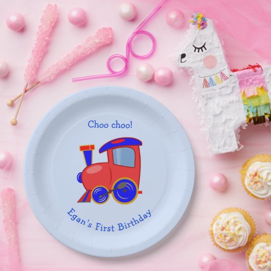 Assiettes En Carton Plaque de papier d'anniversaire de train bleu et r (Fête)
