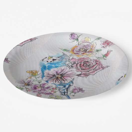 Assiettes En Carton Plaque de papier d'art Blue Budgie & Roses (Angle)