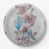 Assiettes En Carton Plaque de papier d'art Blue Budgie & Roses (Devant)