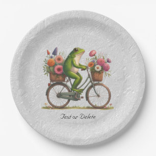 Assiettes En Carton Plaque de papier de grenouille à bicyclette floral
