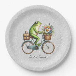 Assiettes En Carton Plaque de papier de grenouille à bicyclette floral