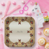 Assiettes En Carton Plaque de papier en pierre rouge à fleurs dorées (Fête)