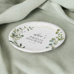 Assiettes En Carton Plaque de papier Fête des mariées Eucalyptus vert<br><div class="desc">Élevez votre douche nuptiale avec nos plaques de papier rond sur mesure, où le design moderne rencontre la touche nature. Dans un cadre géométrique chic, les feuilles de l'eucalyptus à l'aquarelle délicate murmurent des contes d'élégance et de sérénité. Au coeur de ce design, votre nom se dresse élégamment dans le...</div>