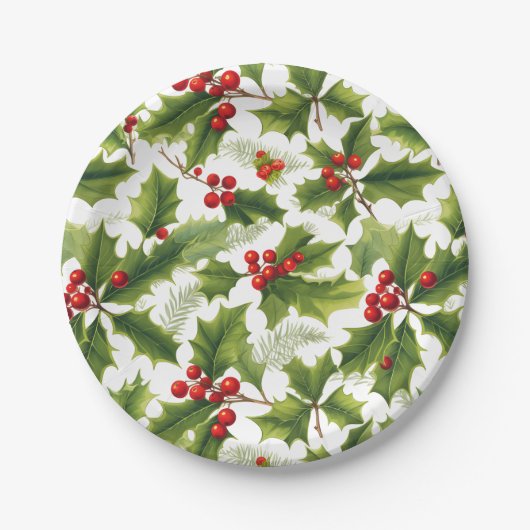 Assiettes En Carton Plaque de papier Holly Christmas Party Rouge et Ve (Devant)