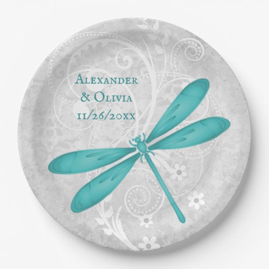 Assiettes En Carton Plaque de papier Mariage de libellules turquoises (Devant)