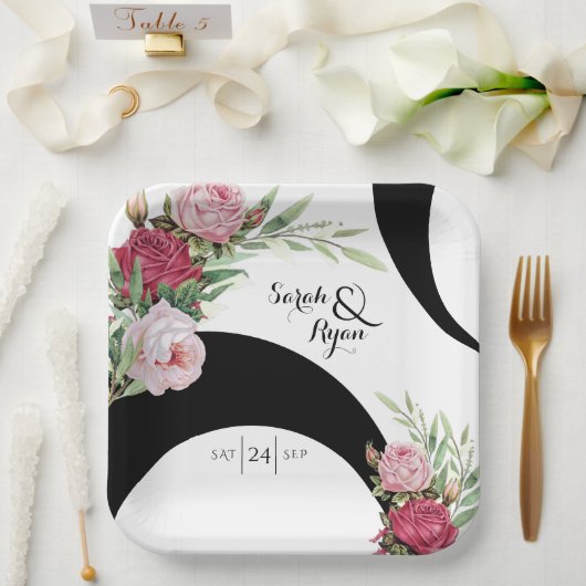 Assiettes En Carton Plaque de papier Mariage noir et blanc (Mariage)