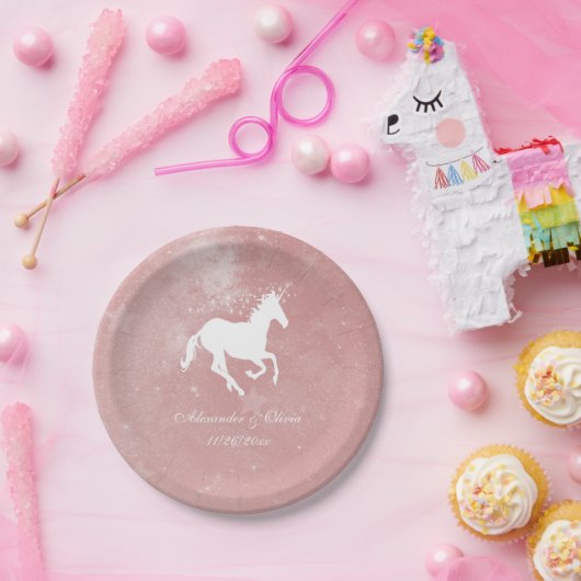 Assiettes En Carton Plaque de papier Mariage Unicorne rose (Fête)