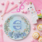 Assiettes En Carton Plaque de papier Monogram Blue Hydrangea (Fête)