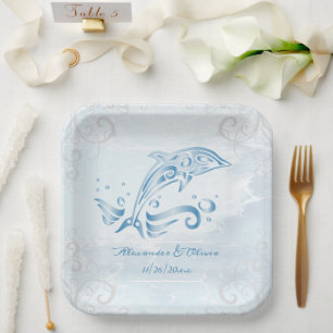 Assiettes En Carton Plaque de papier Wedding shower Dolphin bleu