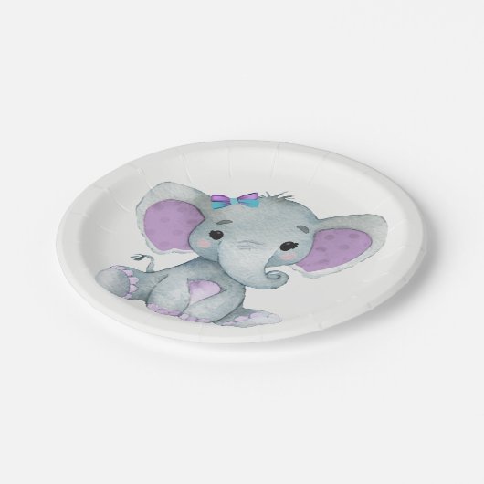Assiettes En Carton Plaque d'éléphant Turquoise violette 4 Baby shower (Angle)