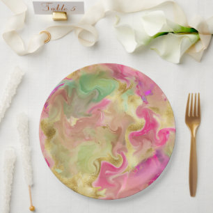 Assiettes En Carton Plaque d'impression rose, or, marbre vert