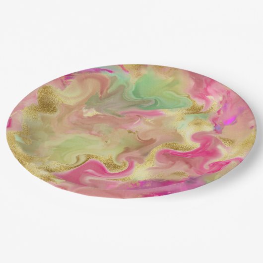 Assiettes En Carton Plaque d'impression rose, or, marbre vert (Angle)