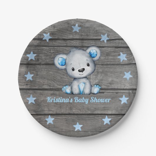 Assiettes En Carton Plaque d'ours bleu 4 Baby shower, Rustique, Annive (Devant)