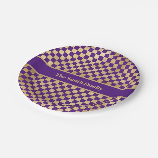 Assiettes En Carton Plaque en papier À damiers en or violet (Angle)