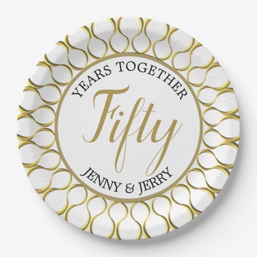 Assiettes En Carton Plaque en papier Anniversaire Or et Blanc (Devant)