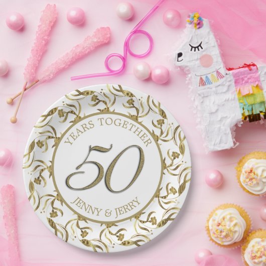 Assiettes En Carton Plaque en papier Anniversaire Or et Blanc (Fête)