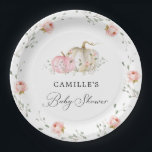 Assiettes En Carton Plaque en papier Baby shower Citrouille rose fille<br><div class="desc">Elégantes plaques en papier baby shower,  avec citrouilles d'aquarelle rose et blanc. La plupart des lettres est modifiable - cliquez sur le bouton "Customiser plus" pour modifier. Objets correspondants dans notre magasin Conception de la fête Cava</div>