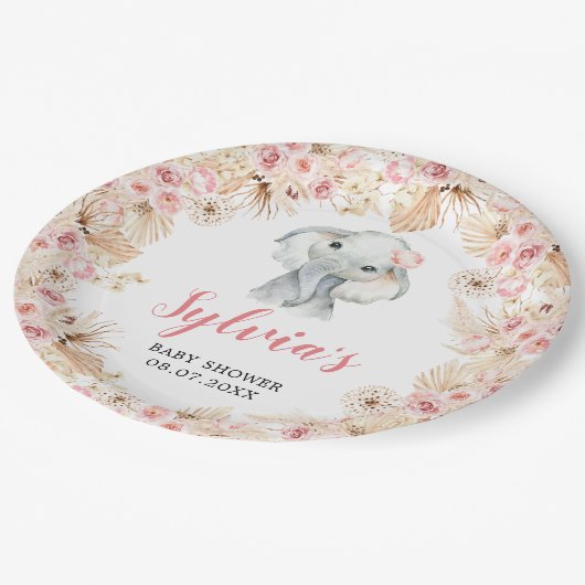 Assiettes En Carton Plaque en papier Baby shower rose Boho Elephant Gi (Angle)