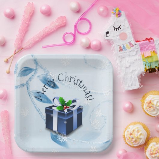 Assiettes En Carton Plaque en papier cadeau de Noël bleu (Fête)