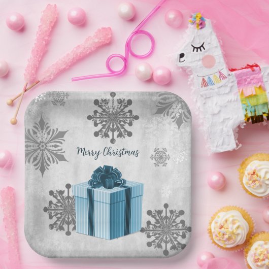 Assiettes En Carton Plaque en papier cadeau de Noël bleu (Fête)
