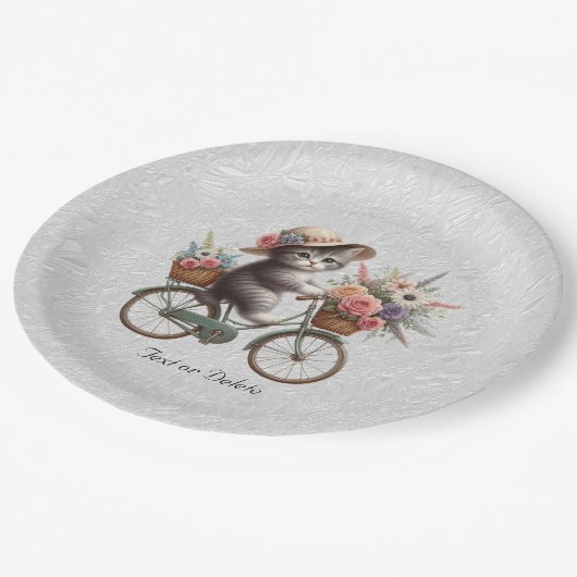 Assiettes En Carton Plaque en papier de chaton à bicyclette florale (Angle)