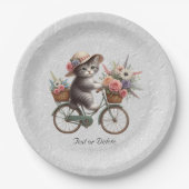 Assiettes En Carton Plaque en papier de chaton à bicyclette florale (Devant)