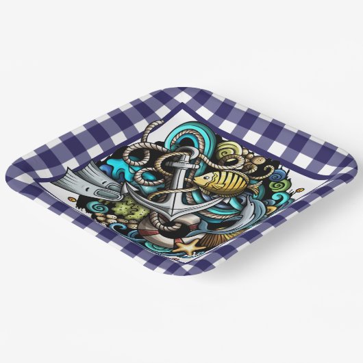 Assiettes En Carton Plaque en papier En vichy bleu marine (Angulaire)