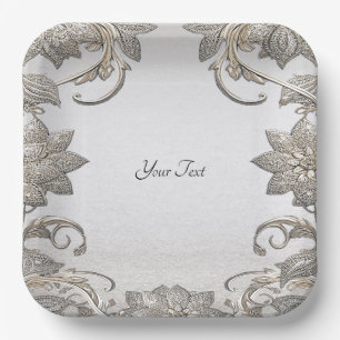 Assiettes En Carton Plaque en papier floral or argent