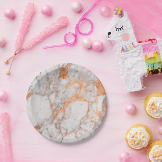 Assiettes En Carton Plaque en papier Marbre blanc et cuivre (Fête)