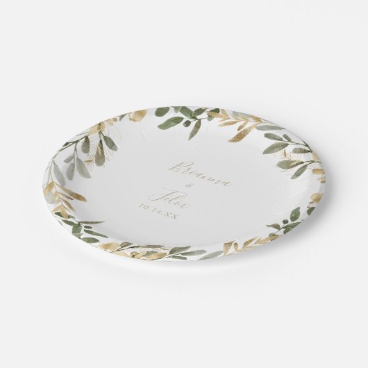Assiettes En Carton Plaque en papier Mariage de automne Gold Greenery (Angle)