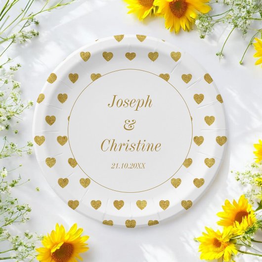 Assiettes En Carton Plaque en papier Motif Gold White Mariage Hearts