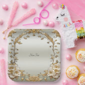 Assiettes En Carton Plaque en papier or orné blanc Fleurs (Fête)