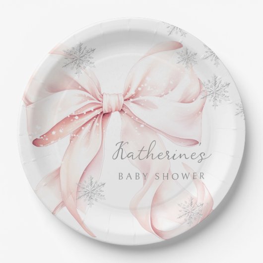 Assiettes En Carton Plaque en papier pour Baby shower d'hiver rose Bow (Devant)
