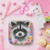 Assiettes En Carton Plaque en papier Raccoon & fleurs (Fête)