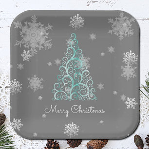 Assiettes En Carton Plaque en papier turquoise sapin de Noël et flocon